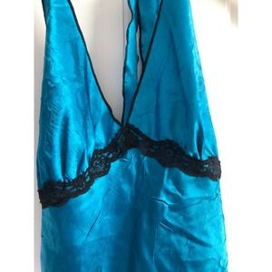 Teal Blue Y2K Satin Halter fest coquette Babydoll Cami top Black Lace Trim Vtg M
